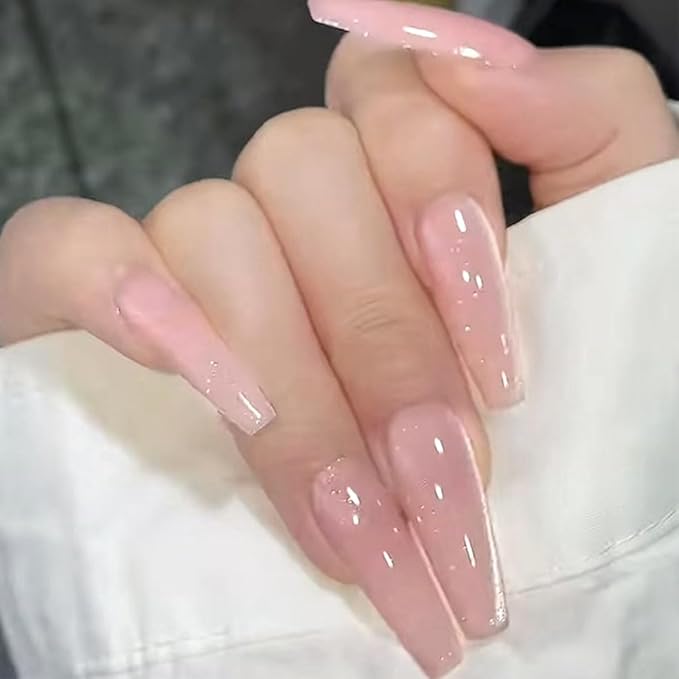 Press on Nails Long Pink Fake Nails Coffin Bling Glossy False Nail Tips Artificial Nails Finger Manicure for Women and Girls-24pcs