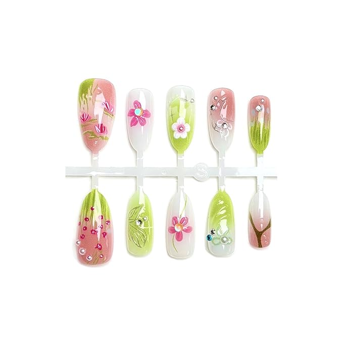 30Pcs Spring Summer Flower Press on Nails Medium Almond Fake Nails with 3D Pearl Rhinestones Handmade Glue on Nails Butterfly Bow False Nails Cute Floral Leaf Acrylic Nails for Women Manicure