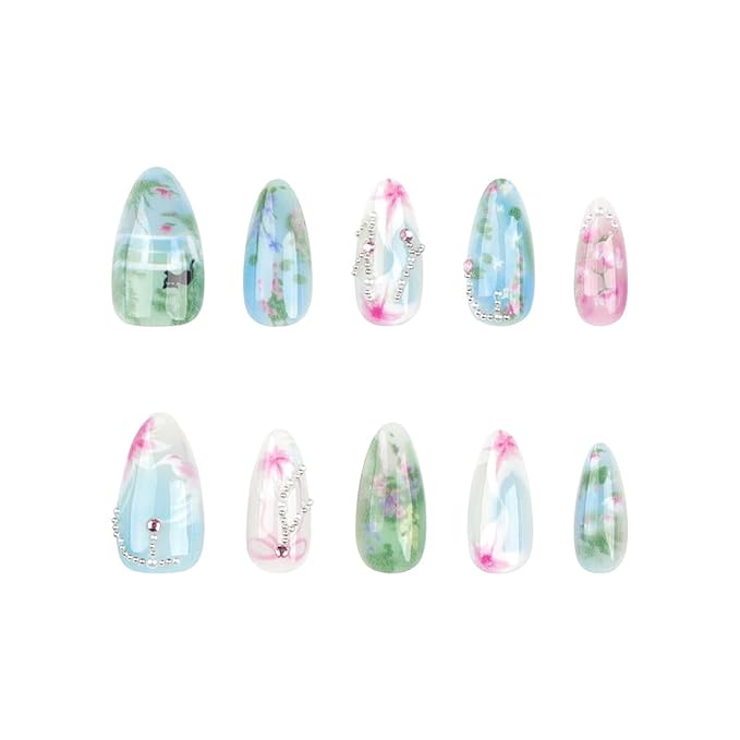 24Pcs Handmade Press on Nails Medium Almond Fake Nails Green Pink Flower Cute Cat Full Cover Glue on Nails Rhinestones Charms Glitter Designs Spring Summer False Nails for Women Girls Acrylic Nails