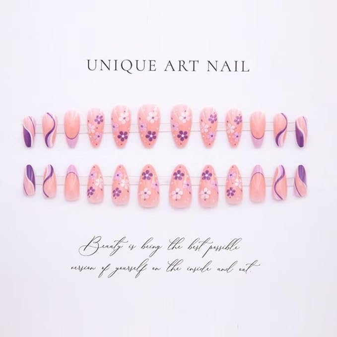Floral Press on Nails Almond Shape Fake Nails Purple with Wave Curve Design Glossy Glue on Nails French Tip Nail Press ons Artificial Acrylic Nail Nude Stick on Nails foe Women Spring Manicure 24Pcs