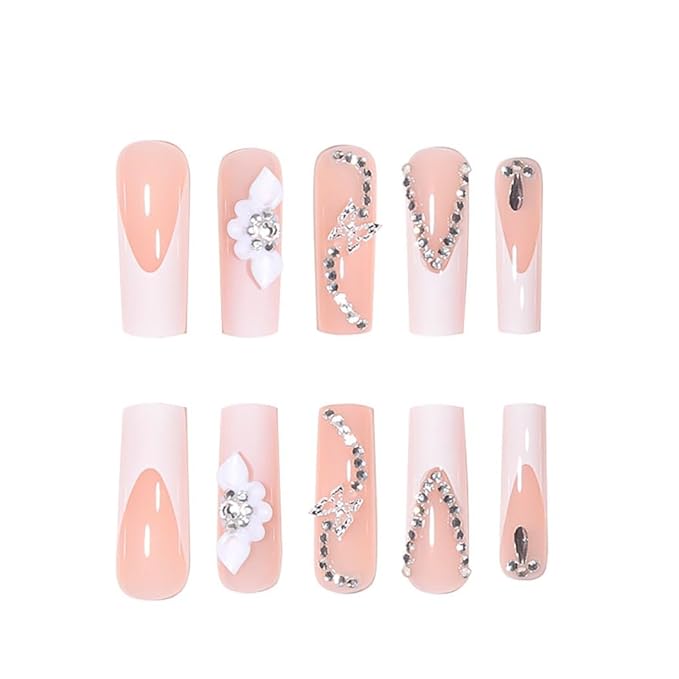 RikView French Tip Nails Square Press on Nails Long Fake Nails with 3D Flowers White Nails Glossy Stick on Nails 24 PCS