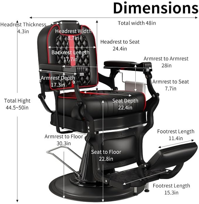 Baasha Black & Red Barber Chair, Plush Reclining Salon Chair with Adjustable Headrest, Wide Stable Base, 360° Swivel, Heavy-Duty for Barbers, 550 lbs