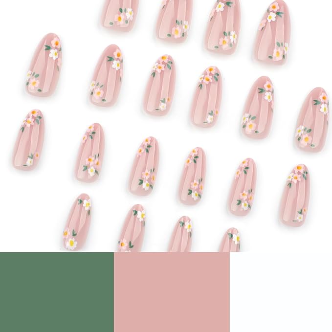 Pink Spring Press on Nails Almond Shape Fake Nails with Small Flower Designs Daisy Floral Artificial Nails Medium Length Spring Summer Glue on Nails Flowers Stick on Nails for Women, 24Pcs