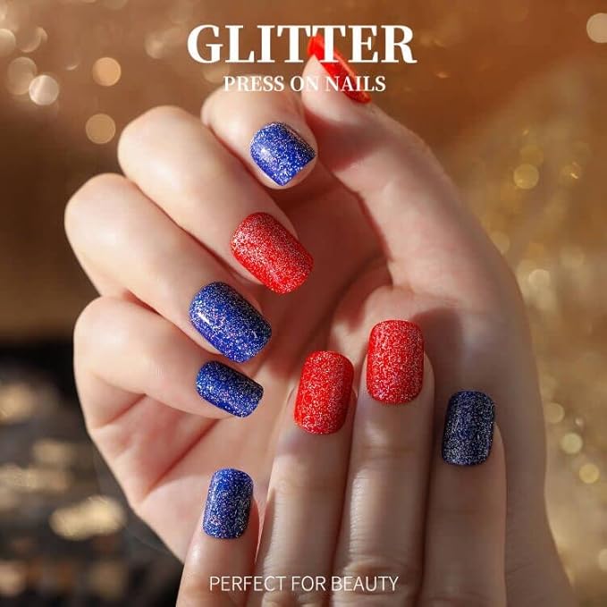 Teenitor Short Press On Nails with Glitter, 12 Sizes Square, Matte & Glossy Finish