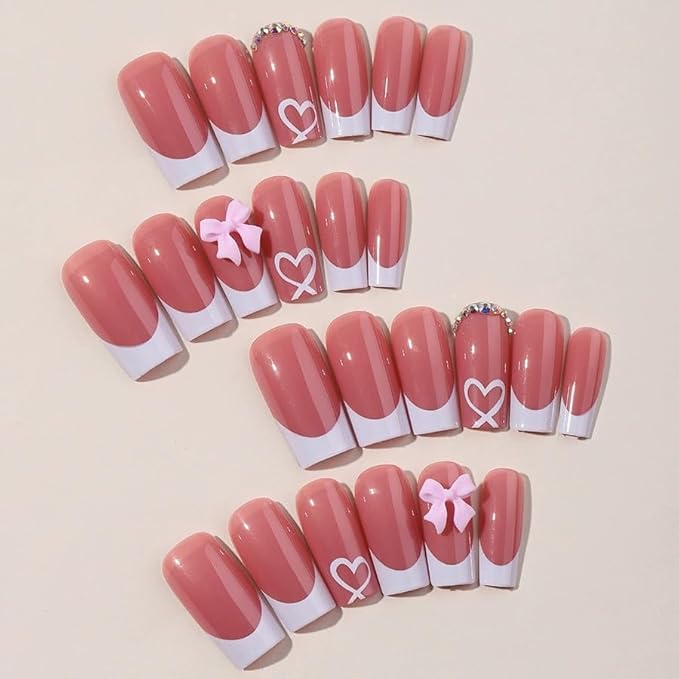 French Tip Press on Nails Medium Square Fake Nails White Heart Acrylic Nails Pink Bow Charms False Nails with Rhinestone Glue on Nails Glossy Artificial Stick on Nails for Women Girls Manicure 24Pcs