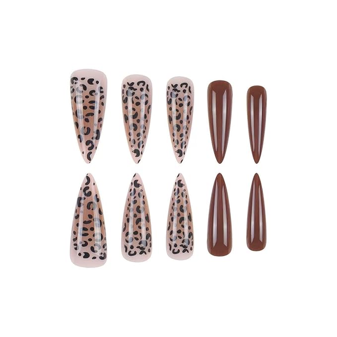 Brown Press on Nails Long Fake Nails Stiletto False Nails with Leopard Print Design Ombre Glossy Acrylic Artificial Nail Full Cover Stick on Nails for Women 24 Pcs