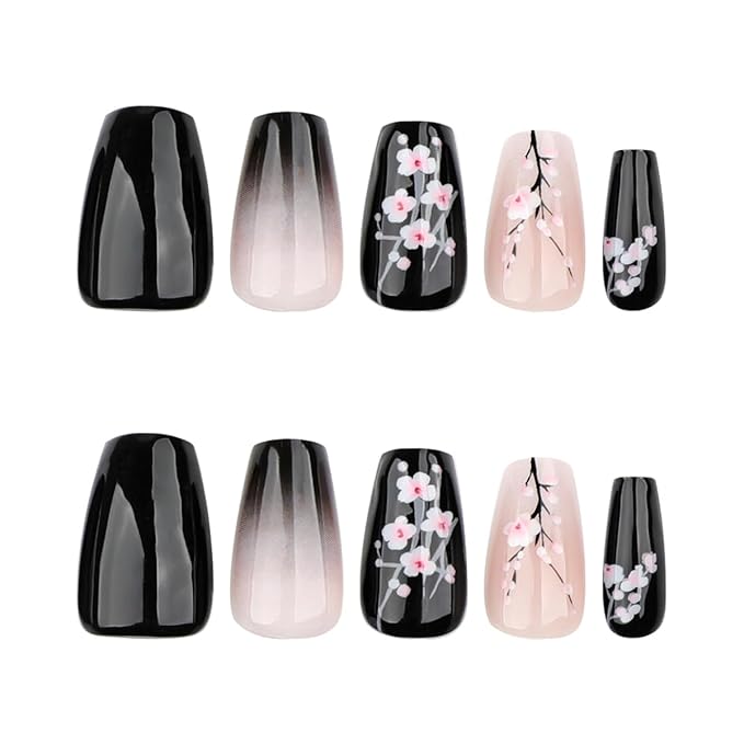 Spring Press on Nails Medium Coffin Shape Fake Nails with Black and Pink Cherry Blossom Designs Gradient Ombre Flower Glue on Nails Glossy Finish Artificial Nails for Women Girls, 24Pcs