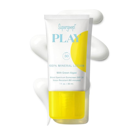 Supergoop! PLAY 100% Mineral Lotion - 1 fl oz - Broad Spectrum SPF 30 Sunscreen for Face & Body - Lightweight, Fast Absorbing + Water-Resistant - With Green Algae