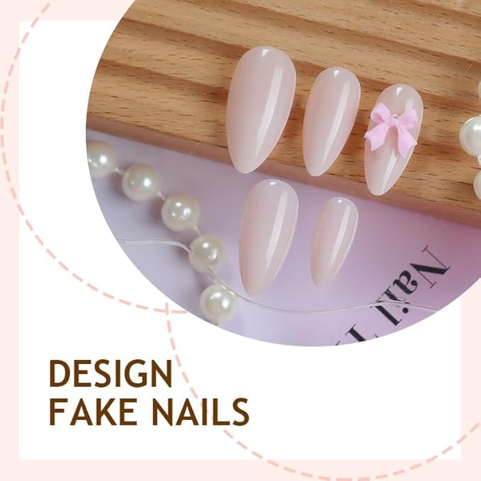 Almond Press on Nails Medium Fake Nails with Pink Bow Designs Glue on Nails Glossy Acrylic False Nails Full Cover Stick on Nail for Women Girls Manicure