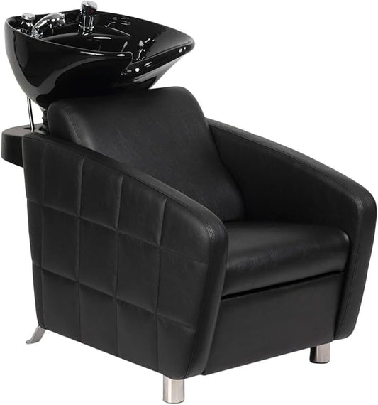 Buy-Rite Icon Shampoo Backwash Unit for Salons & Barbershops, Wide Seat with Lumbar Support, Modern Quilted Vinyl Design, Tilting Porcelain Bowl with Dual Nozzle & Built-In Vacuum Breaker - YLG-192-BW