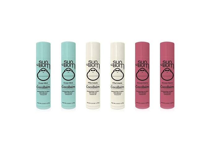 Sun Bum CocoBalm | Vegan and Cruelty Free Moisturizing Lip Balm with Aloe and Coconut Oil | Pina Colada, Ocean Mint, Groove Cherry (.15 oz) | Pack of 6 (2 of Each Flavor)