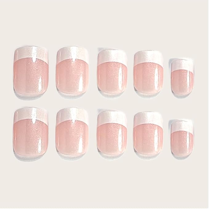 White French Tip Press on Nails Short Square Fake Nails Pink Stick on Nails Full Cover Acrylic False Nails Reusable Natural Glue on Nails With Nude Designs for Women Girl Salon Manicure 24pcs