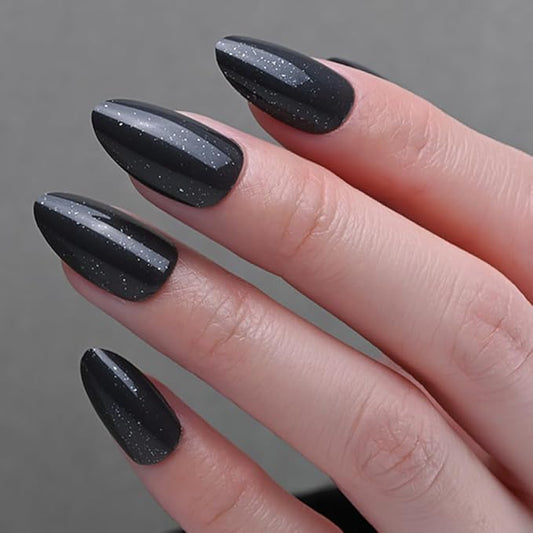evpct Press on Nails Almond Short, Black Glitter Shimmer Shiny Short Almond Fake Nails for Women Gift, Soft Gel Press Glue On Nails with Nail Glue, 30Pcs Reusable Acrylic Fake Nail Manicure Kit