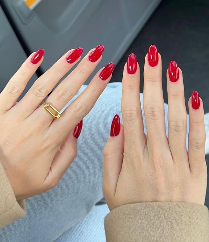 Wooyas Red Press on Nails Almond,Handmade Stiletto Glossy False Nails Reusable Salon Perfect Stick on Nails 24 Pcs Soft Gel Glue On Nails Kit for Women Gift