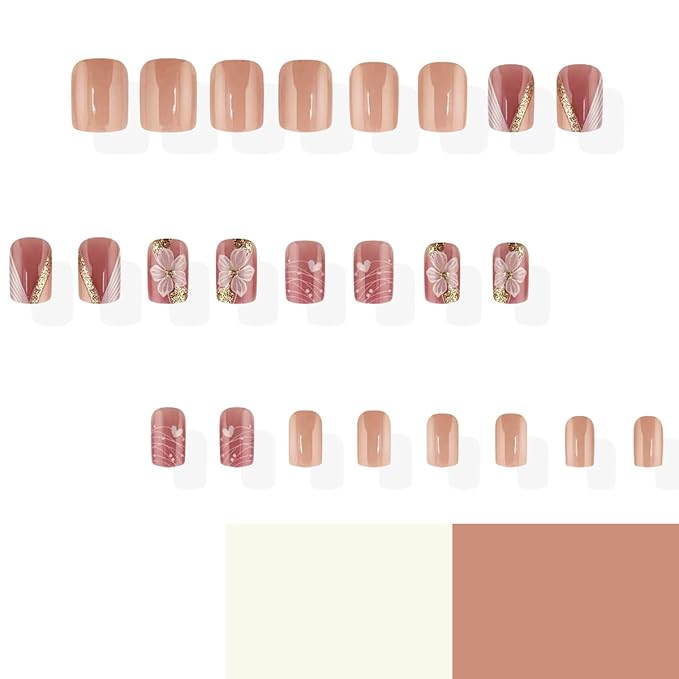 24Pcs French Tip Press on Nails Short Square Fake Nails with Gold Glitter Designs White Flower False Nails Reusable Spring Acrylic Nails Press on Full Cover Solid Color Glue on Nails for Women Nails