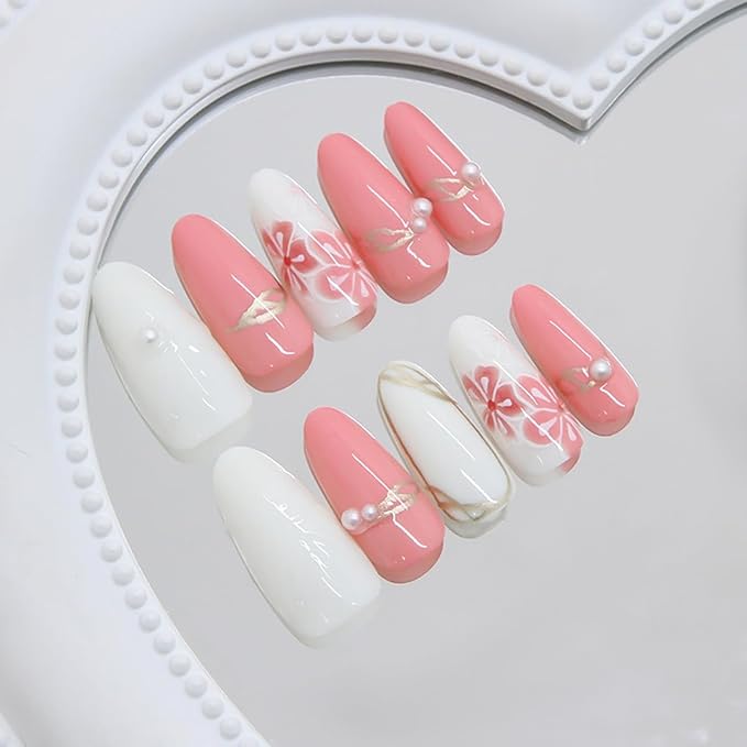 30Pcs Pink Flower Press on Nails Medium Almond Fake Nails with Pearl Designs 3D Water Ripple Glue on Nail Gold Irregular Lines Acrylic Nail Spring Summer Stick on Nails for Women Manicure Art Kit