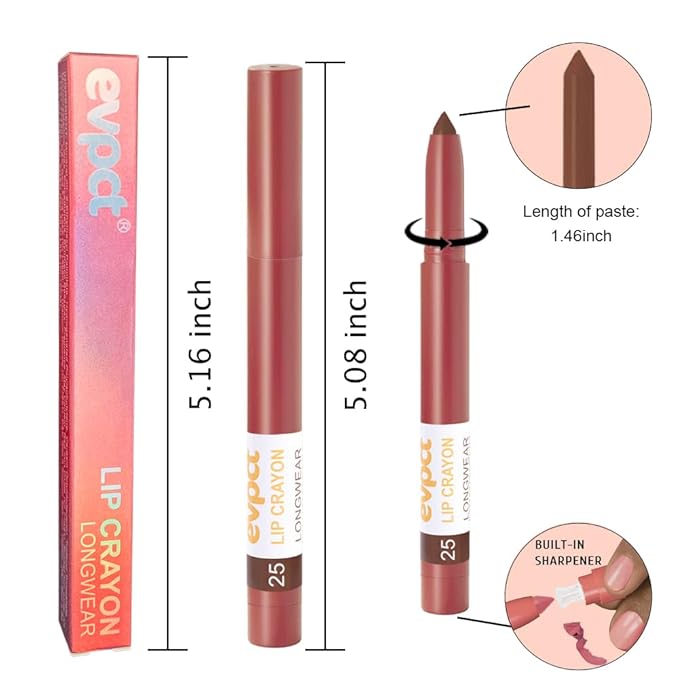 evpct Dark Brown Lip Liner Crayon Pencils Set for Women, Matte Lip Stick Crayon Long Lasting, Lips Pencil Liner and Lipstick set, Lipliner Pencil, 24 Hours Long Wearing Lipstick Built-in Sharpener 25