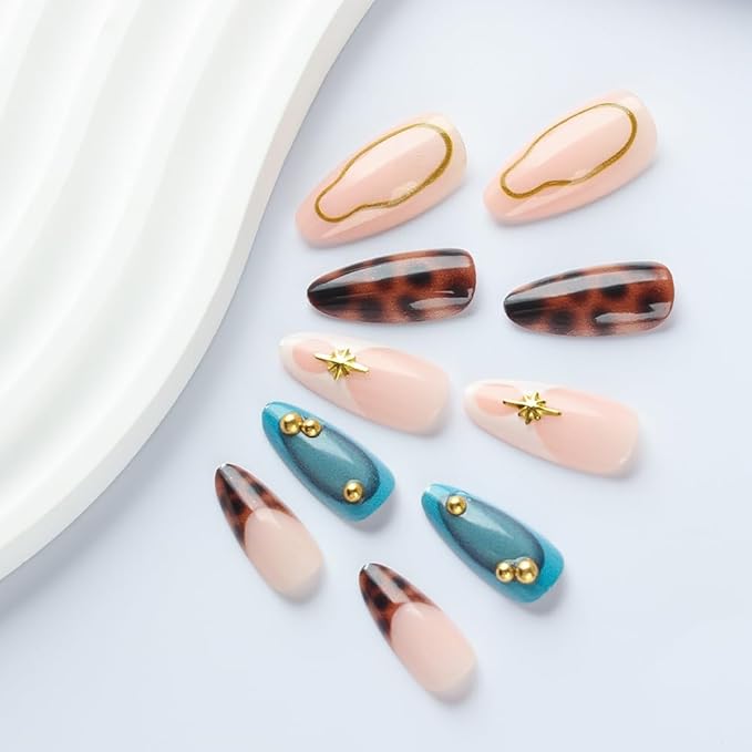 Gold Line Star Pearl Press On Nails Almond Medium, Leopard Print Designer Reusable Acrylic Nails Press Ons, Fake Nails With Glue On, Daily Wear Floral False Nails For Women