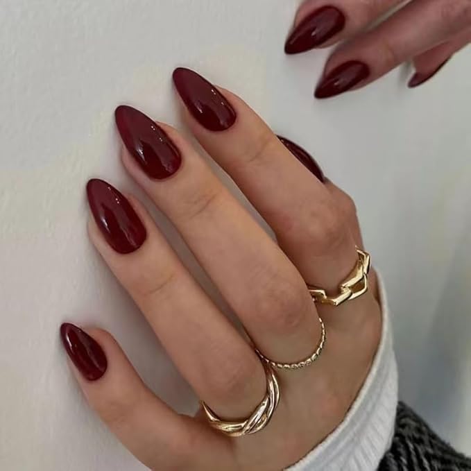 Wine Red Fake Nails Glossy Almond Press on Nails Medium Solid Color Acrylic False Nails Press ons Reusable Full Cover Artificial Nails for Women DIY Nails Decoration