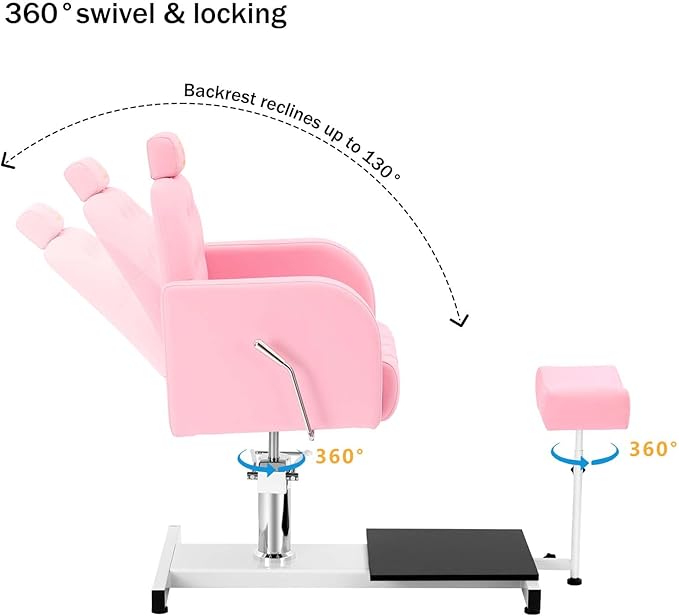 Reclining Pedicure Chair with Foot Massage Basin & Stool, Hydraulic Adjustable Pedicure Chair Station, 360° Rotation Beauty Spa Salon Unit Station Pink