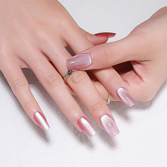 evpct Pink Cat Eye Press on Nails Square Medium Coffin, Medium Square Glue on Nails for Women Gift, Plum Pink Metallic Glitter Glossy Reusable Spring Summer Gel Press on Acrylic Fake Nail with Designs