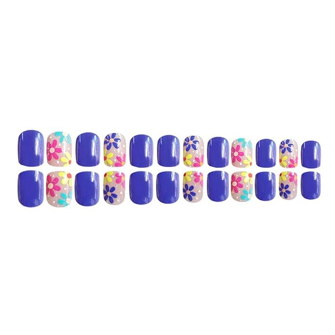 Square Press on Nails Short Fake Nails Purple False Nails with Flower Design Cute Acrylic Nails Full Cover Glue on Nails Artificial Nails Glossy Stick on Nails for Women Manicure 24Pcs