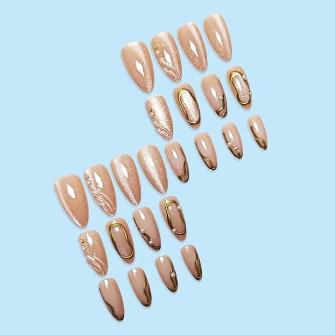 Press on Nails Almond Fake Nails Cat Eye False Nails with Gold Line Design Nude Glue on Nails Press ons Medium 3D Acrylic Nail Glossy Full Cover Stick on Nail for Women Manicure 24Pcs