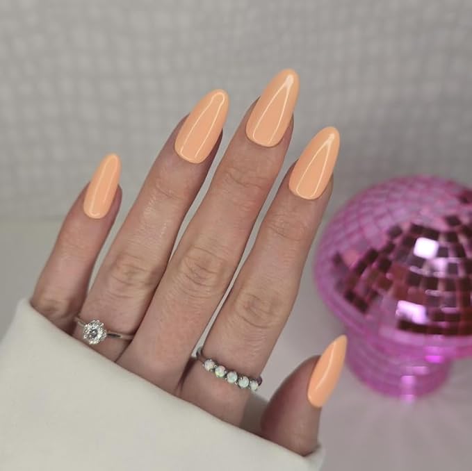 Wooyas Press on Nails Almond，Reusable Handmade Gel Fake Nails Medium Glossy，Lightweight Natural Fake Nail in 12 Sizes - 24 Pcs Soft Gel Glue On Nails Kit，Light Peach Color