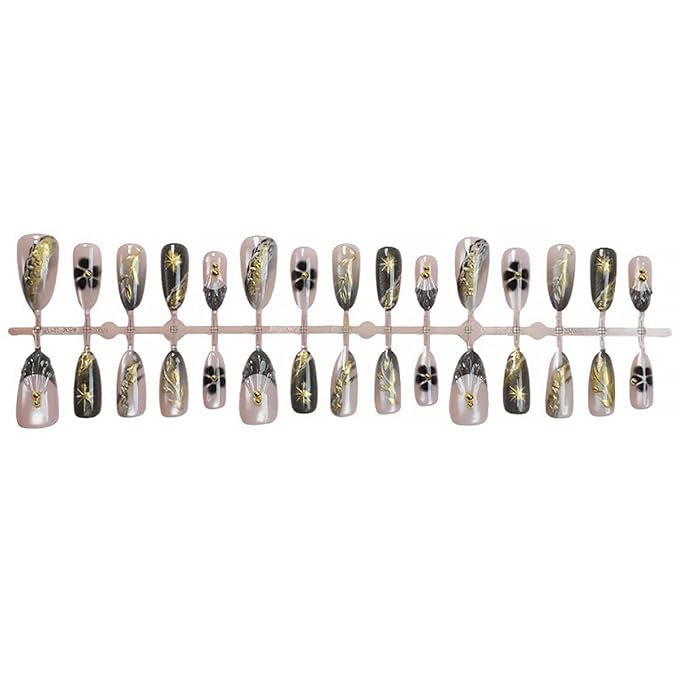 24Pcs Flower Press on Nails Medium Almond French Tip Fake Nails Night Sky with Gilding Star Leaves Design 3D Gold Gems False Nails Full Cover Artificial Glue on Nails Handmade Stick on Nail for Women