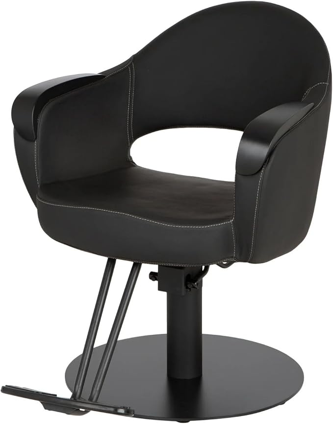 Buy-Rite Luna Noir Styling Chair – Professional Salon & Barber Chair with Mid-Century Design, Stitch Pattern, Black Metal Arms, Hydraulic Base, Easy-Clean Vinyl, YLG-356-BLK (Black Flat Round Base).