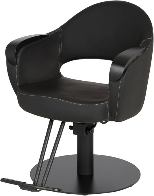 Buy-Rite Luna Noir Styling Chair – Professional Salon & Barber Chair with Mid-Century Design, Stitch Pattern, Black Metal Arms, Hydraulic Base, Easy-Clean Vinyl, YLG-356-BLK (Black Flat Round Base).