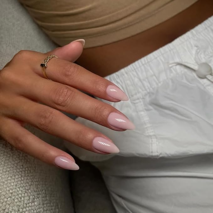 48Pcs Nude Pink Press on Nails Almond Fake Nails Glue on Nails Medium Length Almond Shaped Nails Press ons, Stiletto False Nail for Women, Thick Natural Acrylic Gel Nail