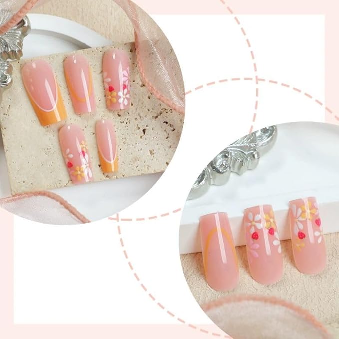 Medium Press on Nails Square Shape Cute Fake Nails with Flower Design Yellow French Tip False Nails Summer Glue on Nails for Women 24pcs