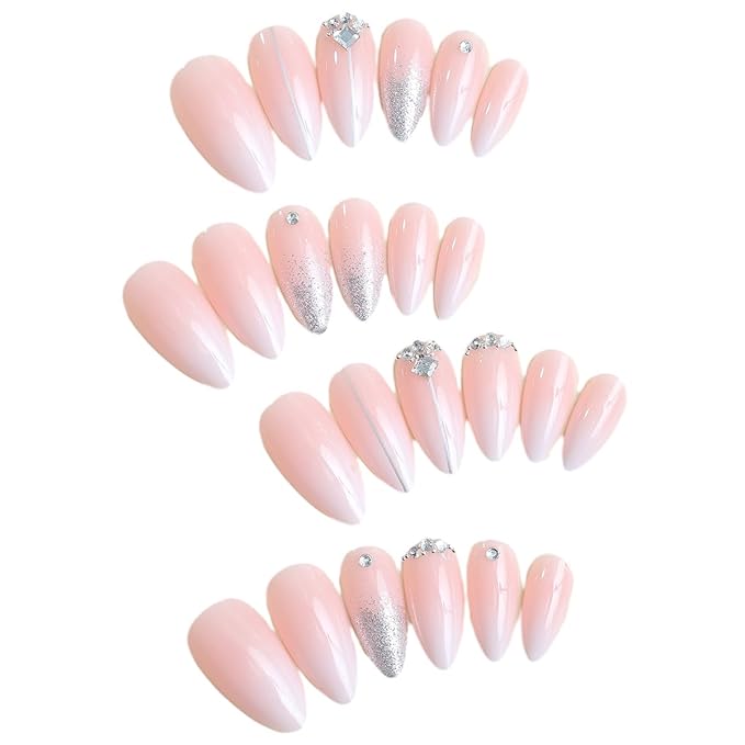 Silver Glitter Press on Nails French Tip Fake Nails Medium Almond False Nail with Rhinestone Design Nude Glossy Artificial Acrylic Full Cover Diamond Glue on Nail for Women Christmas Manicure 24Pcs