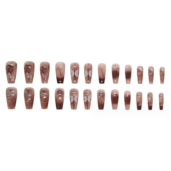 Hkanlre Dark Red Press on Nails French Coffin Fake Nails Tips Full Cover Butterfly Medium False Nails for Women and Girls 24PCS
