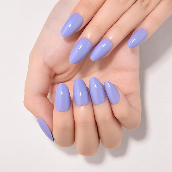 evpct Sea Blue Short Almond Glossy Press on Nails for Women Gift, Glossy Sea Blue Fake Nail with Nail Glue Manicure Kit, Soft Gel Full Cover Reusable Stick on Glue on Acrylic False Nails Perfectly Fit