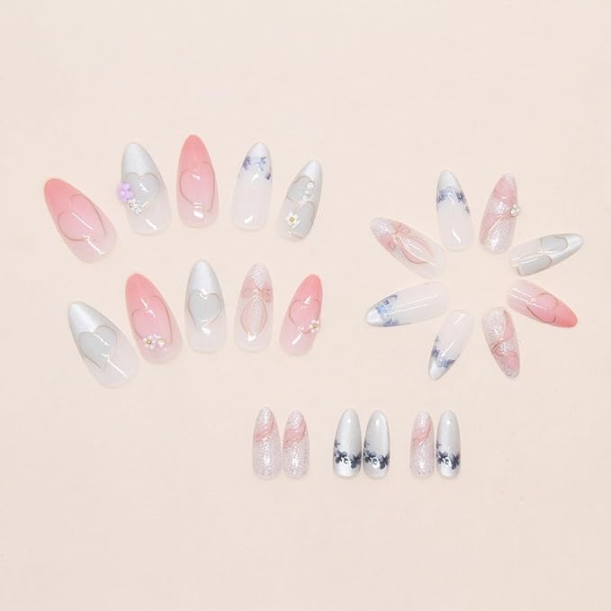 24Pcs Medium Almond Press on Nails Glitter Fake Nails Heart Ribbon Bow Flowers with 3D Rhinestones Designs Full Cover Pink Silver Glue on Nails Cute Bow False Nails for Women Girls Acrylic Nail Salon