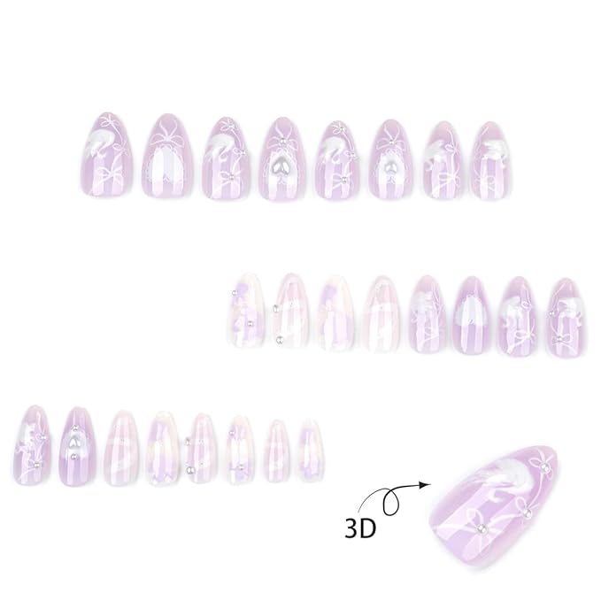 24Pcs Purple Press on Nails Medium Almond Fake Nails White Swan Bow Flower with Rhinestones Design Glitter Full Cover Stick on Nails Summer False Nails for Women Girls Acrylic Nail Accessories DIY