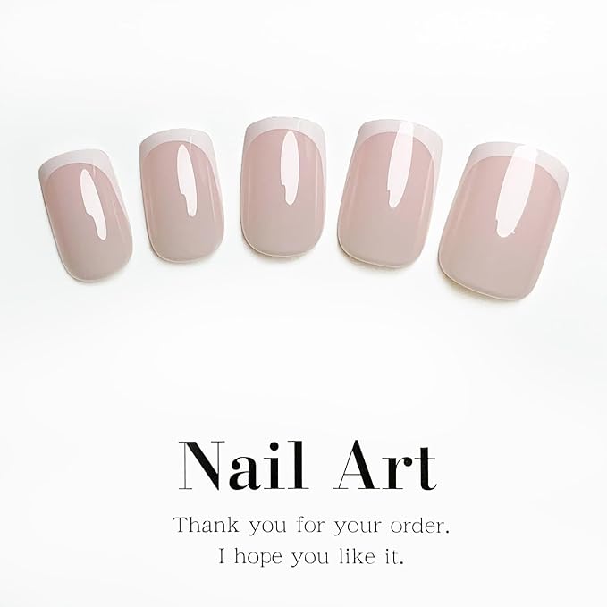 French Tip Press on Nails Short Square Fake Nails Glossy Nude Acrylic Nails with Design Nature False Nails Glue on Nails for Women Girls Nails Kit 24 Pcs, Style 26