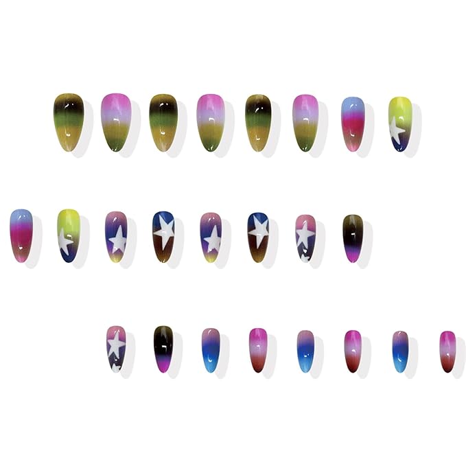 IMRAIN Press on Nails Medium Almond Fake Nails Rainbow Gradient False Nails with Star Designs Full Cover Colorful Ombre Glossy Glue on Nails Acrylic Y2K DIY Nail Art Stick on Nails 24Pcs