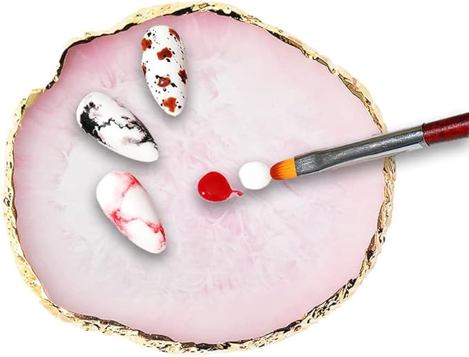 Resin Nail Art Palette, Nail Art Painting Mixed Color Palette Gold Edge Nail Gel Color Makeup Display Board (Pink+White)