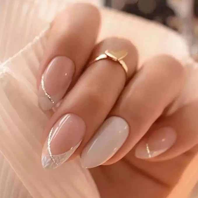 144 Pcs Press on Nails Medium Almond Fake Nails with Glue French Tip False Nails with Designs Glue on Nails Full Cover Acrylic Stick on Nail Reusable Artificial Nail for Women Manicure 6 Packs