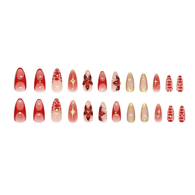 24Pcs Fall Press on Nails Medium Almond French Tip Fake Nails Gold Star Bead with Red Flower Rhinestones Glitter Designs Red Full Cover Tips Glue on Nails Autumn False Nails for Acrylic Manicure Tips