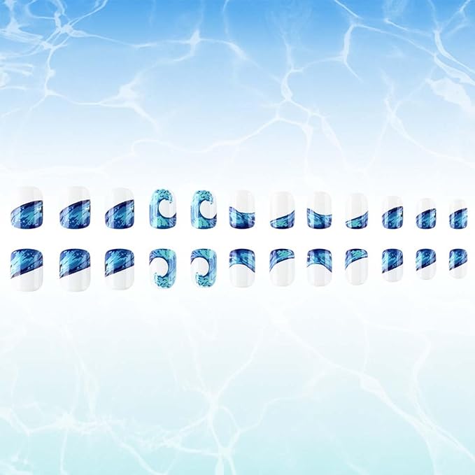 Square Press On Nails Short Fake Nails Summer False Nails With Sea Design Full Cover Acrylic Artificial Nails Glossy Glue On Nails Stick On Nails For Women Manicure 24pcs