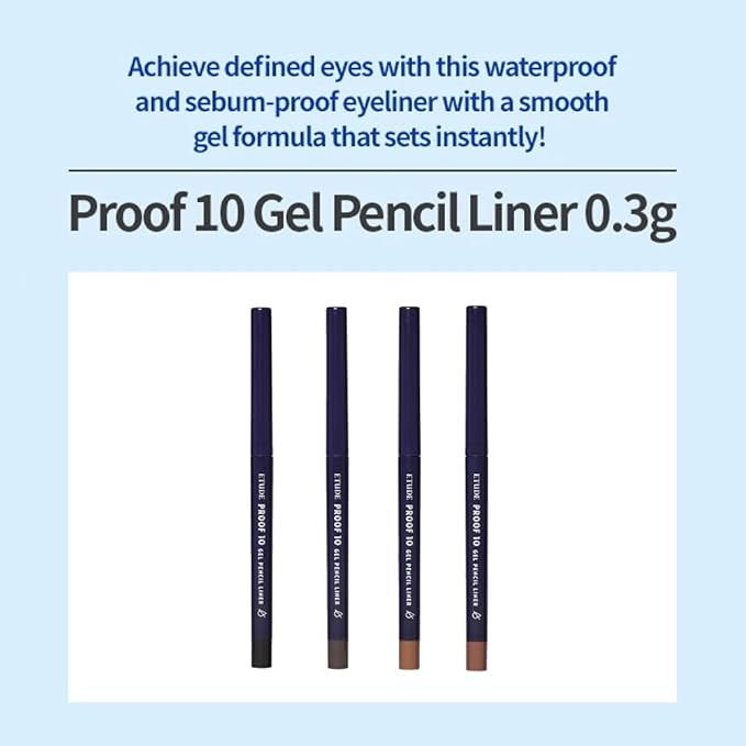 ETUDE Proof 10 Gel Pencil Liner, Eyeliner with Wearable Shades, Sharpenable Tip, Creamy Gel Texture, Waterproof & Sebum-Proof Precision Liner, Korean Makeup, Beauty, Black (0.011 Ounce)