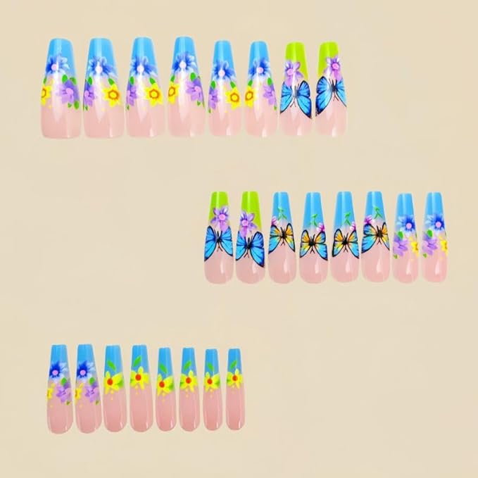 Long Coffin Press on Nails with Flower Design Fake Nails Butterfly False Nails Glue on Nails for Women 24pcs