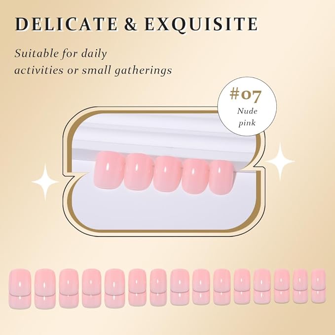 evpct Nude Pink Glossy Press on Nails Short Square, Glossy Pink Fake Nails Summer Reusable, Acrylic False Nail Stick Glue on Press ons for Women Gifts, Durable Perfectly Fit False Nail Kit Glue 30Pcs
