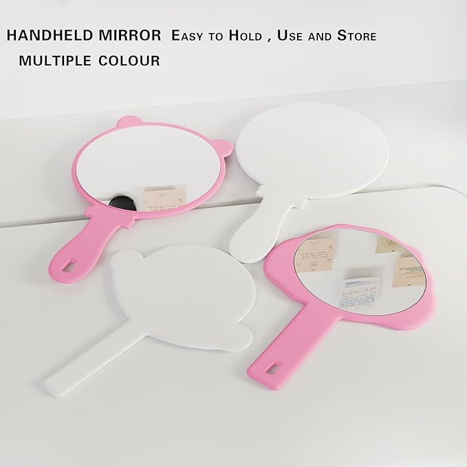 2 Pcs Handheld Mirror with Handle, Plastic Travel Makeup Handheld Cosmetic Hand Mirror for Travel, Pocket Desk Showe Barber, Gift for Your Girlfriend, for Women (Pink, 5.91" Lx 7.87" W)