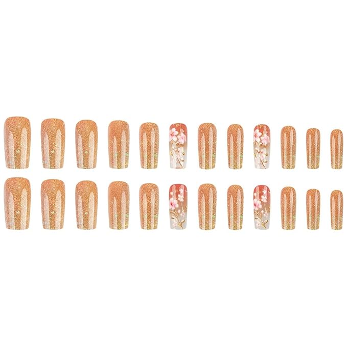 Medium Press on Nails Square Fake Nails Floral False Nails Sparkly Artificial Nails with Flowers Designs Stick on Nails for Women 24pcs