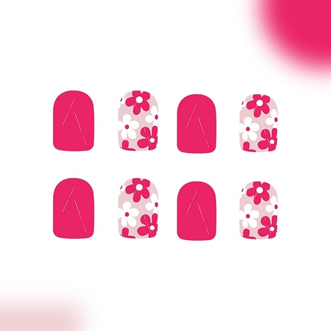 Hot Pink Press on Nails Short Square Fake Nails Flowers False Nails Cute Floral Glossy Full Cover Acrylic Nails Summer Glossy Glue on Nails Shiny Artificial Stick on Nails for Women Manicure 24 Pcs